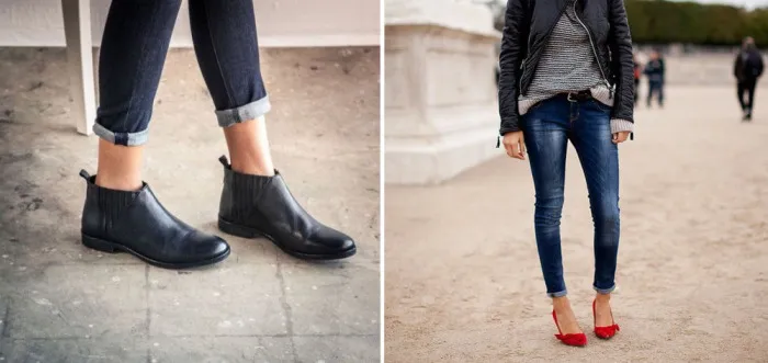 Приподнятые зауженные джинсы с узкими рукавами.